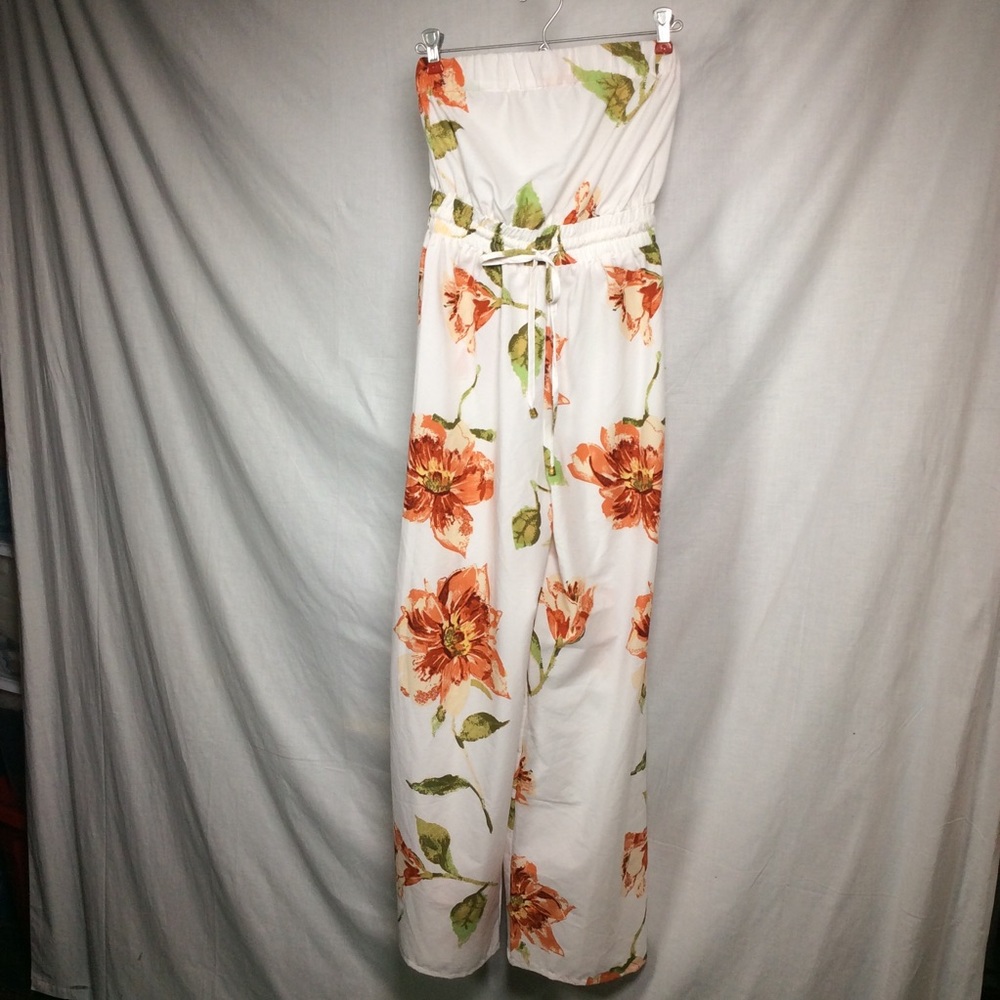Feathers Women's Strapless Wide Leg Floral Jumpsuit/Romper White/Orange Sz S